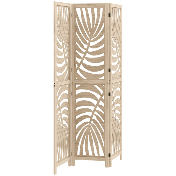 HOMCOM 3 Panel Room Divider, Detachable Folding Privacy Screens with Palm Leaf Design for Home Office, Natural Wood Finish