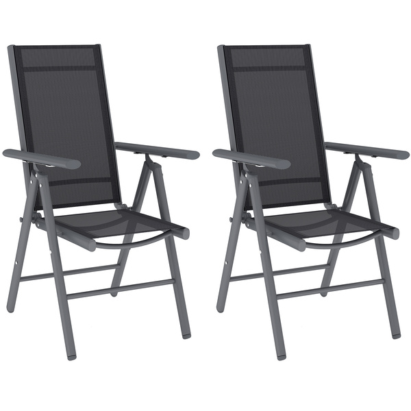 Outsunny Set of 2 Folding Garden Chairs, Aluminium Frame Outdoor Dining Chairs with Breathable Mesh Back and Seat, Garden Folding Chair Set with Armrests for Balcony, Dark Grey