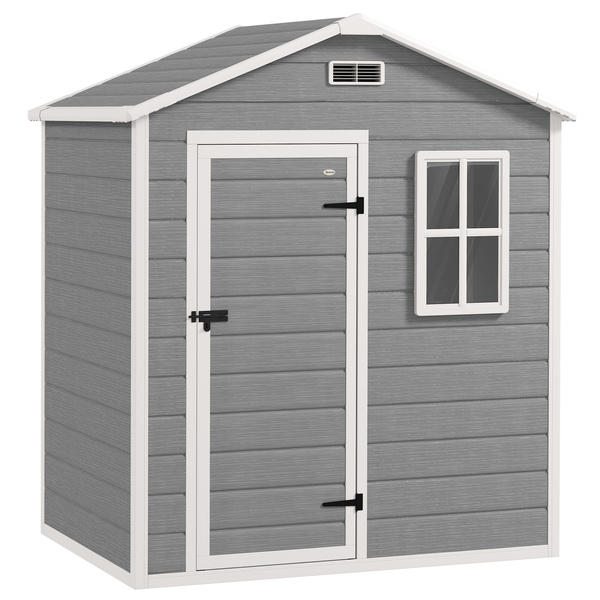 Outsunny 6 x 4ft Plastic Shed with Floor, Wood Effect Resin Garden Shed with Window, Lockable Door, Lock and Keys, Vents, All Weather Resistant for Outdoor, Patio, Lawn, Grey