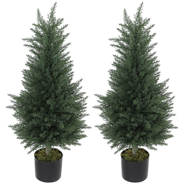 HOMCOM Artificial Plants Outdoor, 90 cm Fake Cypress Tree with Plastic Pots, UV-Resistant Faux Plants for Garden Front Porch Decoration, 2 Pack