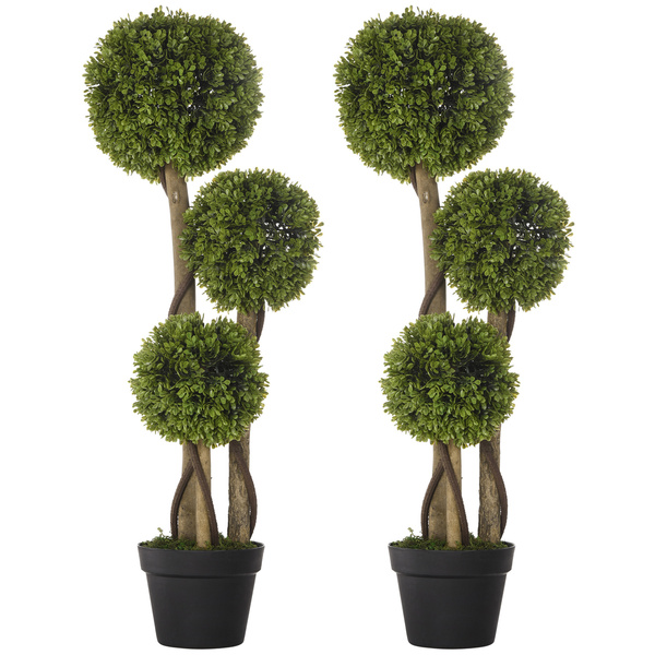 HOMCOM Set of 2 Decorative Artificial Tree Boxwood Ball Topiary Tree in Pot, Fake Plant for Home Indoor Outdoor Decor, 90 cm, Light Green