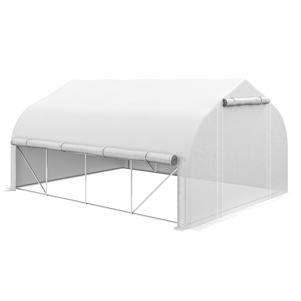 Outsunny 4 x 3(m) Walk-in Polytunnel Greenhouse, Zipped Roll Up Sidewalls, Mesh Door, 8 Mesh Windows, Tunnel Warm House Tent with PE Cover, Complimentary Plant Labels and Gloves, White