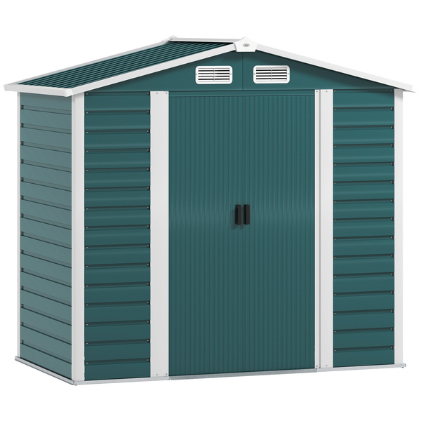Outsunny 7 x 4ft Garden Shed, Easy to Assemble, Upgraded Galvanised Steel Frame with Foundation Kit, Double Doors with Lock, Outdoor Metal Shed with Vents and Gloves, Garden Storage Shed, Green