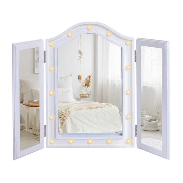 HOMCOM Trifold Tabletop Mirror, 73x53.5cm Makeup Mirror Large Cosmetic w/16 LED Lights Powered by Batteries, Foldable For Bedroom, White
