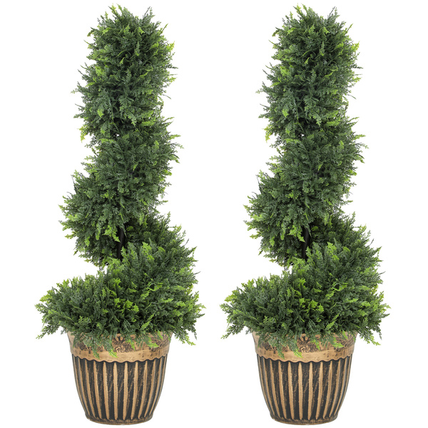 HOMCOM Set of 2 Artificial Plants, Topiary Spiral Boxwood Cypress Trees with Pot, for Home Indoor Outdoor Decor, 90cm