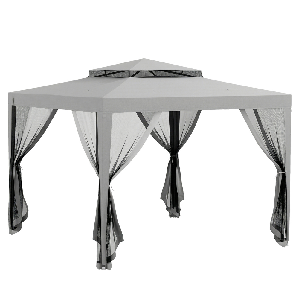 Outsunny 3 x 3 m Gazebo, Netting Party Tent, Patio Canopy Outdoor Event Shelter with Double Tier Roof, Light Grey