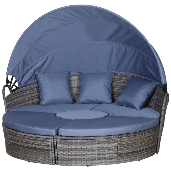 Outsunny Outdoor PE Rattan Garden Furniture with Cushioned, Patio Wicker Conversation Furniture Set, Round Daybed with Retractable Canopy, Coffee Table and Three Pillows, Grey/Blue Grey