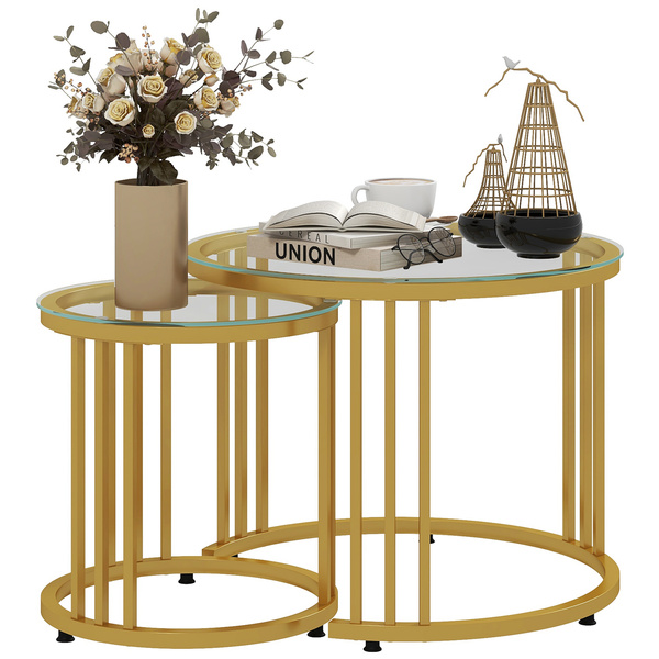 HOMCOM Round Coffee Tables Set of 2, Nesting Tables with Tempered Glass Top and Steel Frame, 60cmx60cmx47cm, Gold Tone