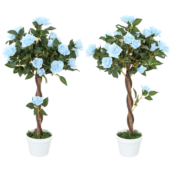 Outsunny Set of 2 Artificial Plants White Rose Floral in Pot, Fake Plants for Home Indoor Decor, 90cm, Light Blue