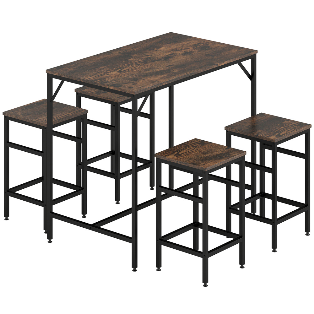 HOMCOM 5-Piece Breakfast Bar Table and Stools Set, Kitchen Bar Table Set with High Table and 4 Stools, Space Saving Compact Dining Furniture for Small Spaces, Rustic Brown