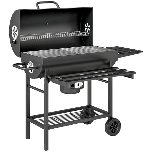 Outsunny Charcoal BBQ Grill with Foldable Front Side Shelf, Portable Barbecue Smoker with Warming Rack, Bottom Shelf, Lid, Temperature Gauge, Wheels for Outdoor Cooking Garden Party, Black
