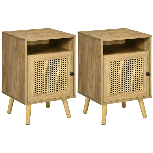 HOMCOM Bedside Table with Rattan Element, Side End Table with Shelf and Cupboard, 39cmx35cmx60cm, Set of 2, Natural