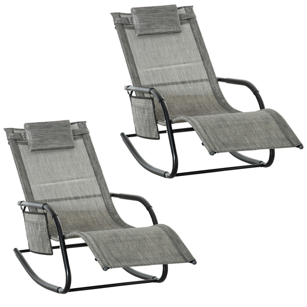 Outsunny 2PCs Outdoor Garden Rocking Chair, Patio Sun Lounger Rocker Chair with Breathable Mesh Fabric, Removable Headrest Pillow, Armrest, Side Storage Bag, Dark Grey