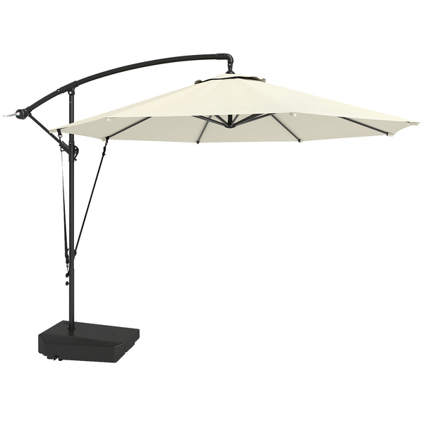 Outsunny 3(m) Garden Cantilever Parasol with Fillable Base up to 90kg, Wind Protection Strap, Cover, Round Banana Hanging Umbrella with Crank Handle and Tilt, UPF50+ Patio Umbrella, Cream