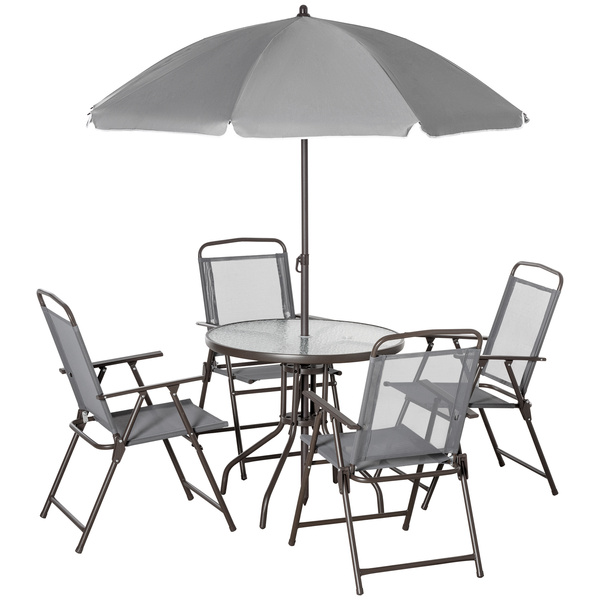 Outsunny 6 Piece Garden Dining Set with Umbrella, Outdoor Dining Sets with Parasol, 4 Folding Dining Chairs & Round Tempered Glass Table, Grey