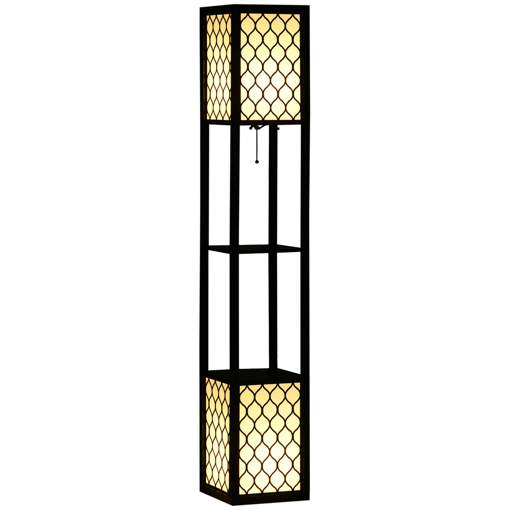 HOMCOM Floor Lamp with Shelves, Modern Tall Standing Lamps with Fabric Lampshade, Chain Switch and Dual Light for Living Room, Bedroom, Bulb not Included, Black