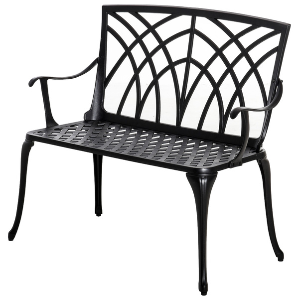 Outsunny 2-Seater Cast Aluminium Garden Bench Loveseat Outdoor Furniture Chair w/ Decorative Backrest & Ergonomic Armrest for Patio Terrace Porch