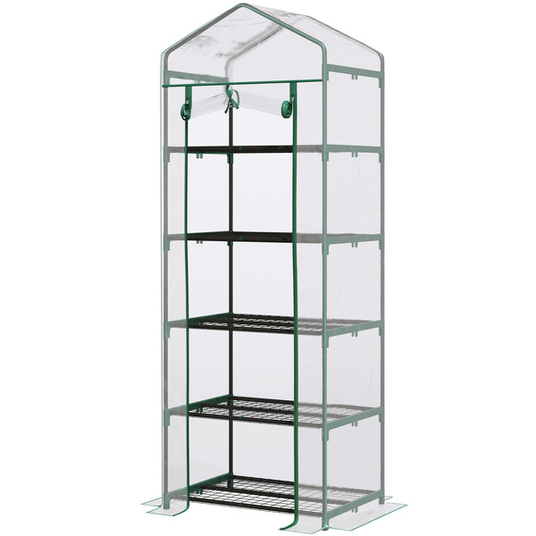 Outsunny 5 Tier Mini Greenhouse, Small Walk-in Greenhouse with Reinforced Plastic Cover, Garden Grow House with Roll Up Door and Shelves, 69 x 49 x 193cm, Green