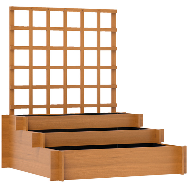 Outsunny 3 Tier Garden Planters with Trellis for Vine Climbing, Wooden Raised Beds, 95x95x110cm, Brown
