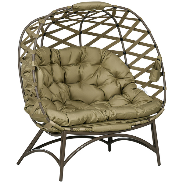Outsunny 2 Seater Egg Chair Outdoor, Folding Weave Garden Furniture Chair with Cushion, Cup Pockets - Khaki