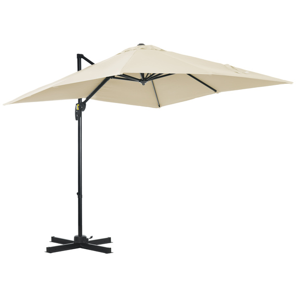 Outsunny 2.5 x 2.5m Patio Offset Parasol Umbrella Cantilever Hanging Aluminium Sun Shade Canopy Shelter 360° Rotation with Crank Handle and Cross Base, Cream White