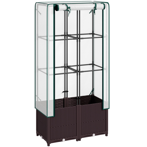 Outsunny Raised Garden Bed with Trellis, Plastic Planter Box with PE Cover, Drainage Holes, Drain Plugs and Water Reservoirs for Climbing Plants, Vegetables, Flowers, 80 x 40 x 140 cm