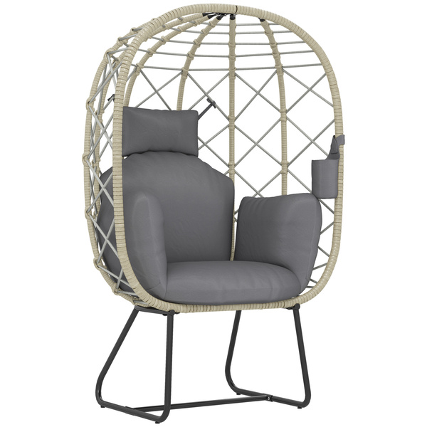 Outsunny Rattan Egg Chair Outdoor Indoor Wicker Chair with Thickened Cushion and Headrest, Standing Garden Egg Chair with Cup Holder, Metal Frame for Patio, Balcony, Grey