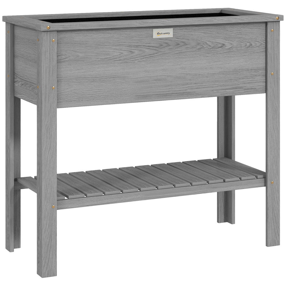 Outsunny Wooden Raised Garden Bed, Elevated Planter Box with Storage Shelf and Drainage Holes, Raised Planter with Legs, Grey