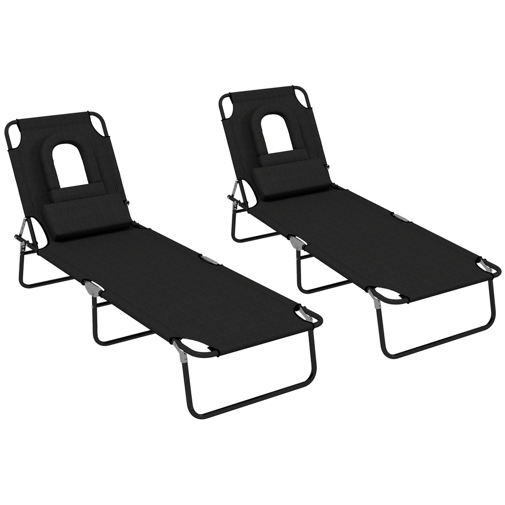 Outsunny Folding Sun Loungers Set of 2 with Face Hole, 4-Position Adjustable Backrest Garden Recliner Chairs Sunbeds, Outdoor Lounge Chairs with 600 D Oxford Cloth Seat, Pillow for Beach, Black