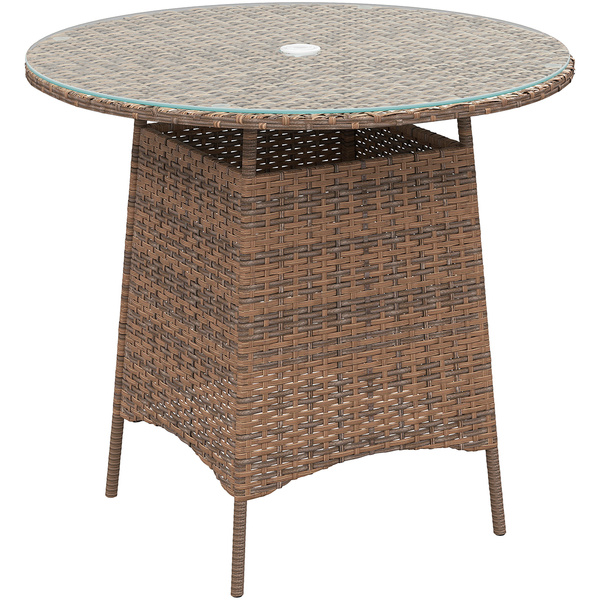 Outsunny Wicker Garden Rattan Table, Patio Furniture Outdoor Coffee Table with Umbrella Hole and Tempered Glass Top, Brown