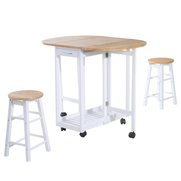 HOMCOM 3 Pieces Dining Room Set, Mobile Foldable Dining Table and 2 Stools with Storage Shelf, 2 Drawers and 6 Wheels, Drop Leaf Bar Table and Stools for Home Kitchen Pub, White