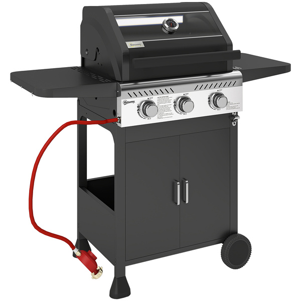 Outsunny 7.5kW Three-Burner Gas BBQ Grill, with See-Through Lid - Black