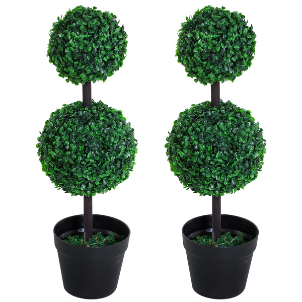Outsunny Set of 2 Artificial Boxwood Ball Topiary Trees Potted Decorative Plant Indoor Décor (67cm)