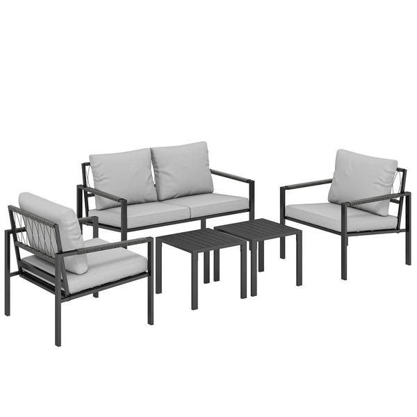 Outsunny 5 Piece Metal Garden Furniture Sofa Set with Thickened Cushions, Loveseat, 2 Armchairs, 2 Coffee Tables, Light Grey