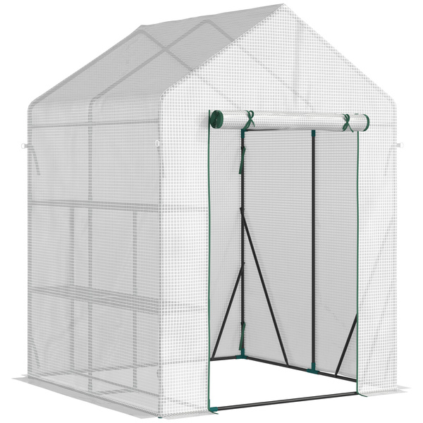 Outsunny Walk In Greenhouse with 2 Tier Shelf, Portable Gardening Plant Grow House Tomato Greenhouse with Roll up Zip Panel Door, Reinforced PE Cover, 143 x 143 x 195cm, Green