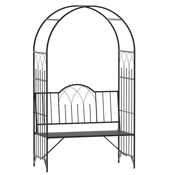 Outsunny Garden Metal Arch Bench Outdoor Patio Rose Trellis Arbour Pergola for Climbing Plant Antique Style 2-Seater Chair, Black