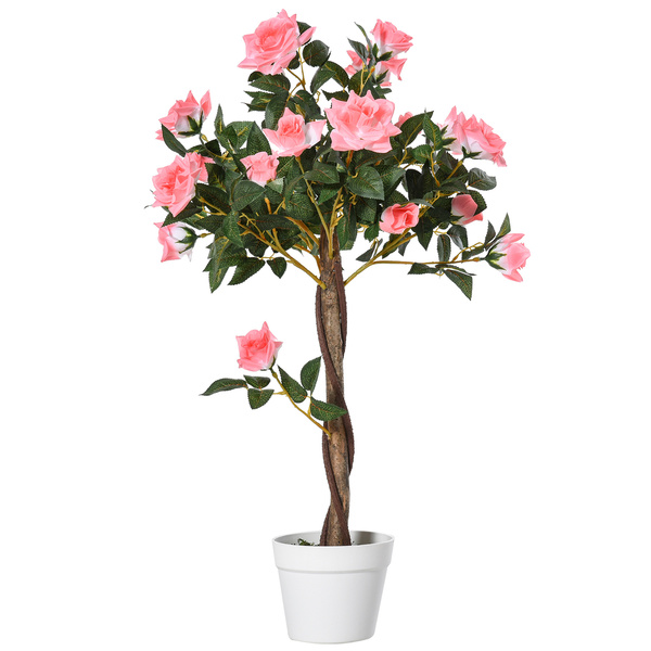 Outsunny Artificial Plants Pink Rose Floral in Pot, Fake Plants for Home Indoor Decor, 90cm