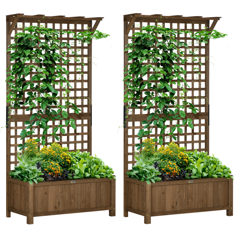 Outsunny 2 Pcs Raised Bed with Drainage Holes, Wood Planter with Trellis for Climbing Plants to Grow Vegetables, Flowers, Brown
