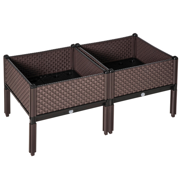 Outsunny Set of 2 Indoor/Outdoor Planter Boxes | Garden Raised Elevated Beds, Flowers Vegetables Fruits Herbs Container w/ Self-Watering Design Drainage Holes, Brown