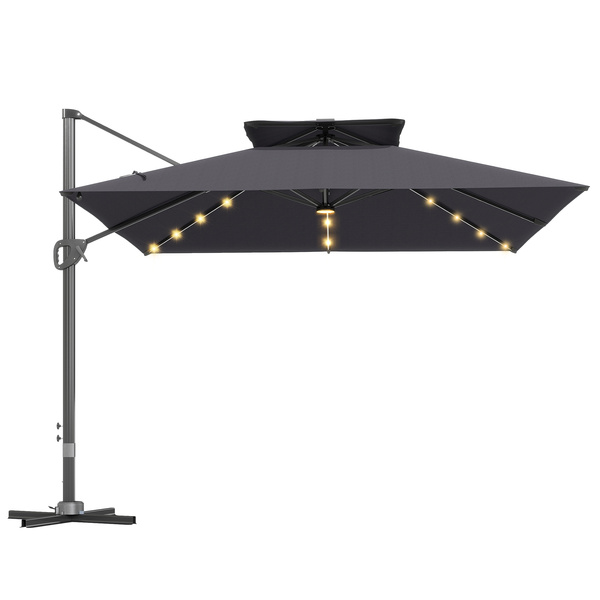 Outsunny 3.5x3 m Garden Cantilever Parasol with Solar LED Lights and Centre Light, Aluminium Large Square Patio Umbrella, UPF50+ Hanging Sun Shade with Cross Base, Crank Handle and Tilt, Grey