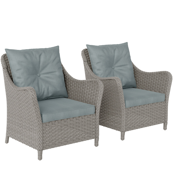 Outsunny Rattan Garden Chairs Set of 2, Outdoor Rattan Chairs with Cushions, Armrests and High Back, PE Wicker Garden Armchair with Steel Frame for Balcony, Porch, Light Grey