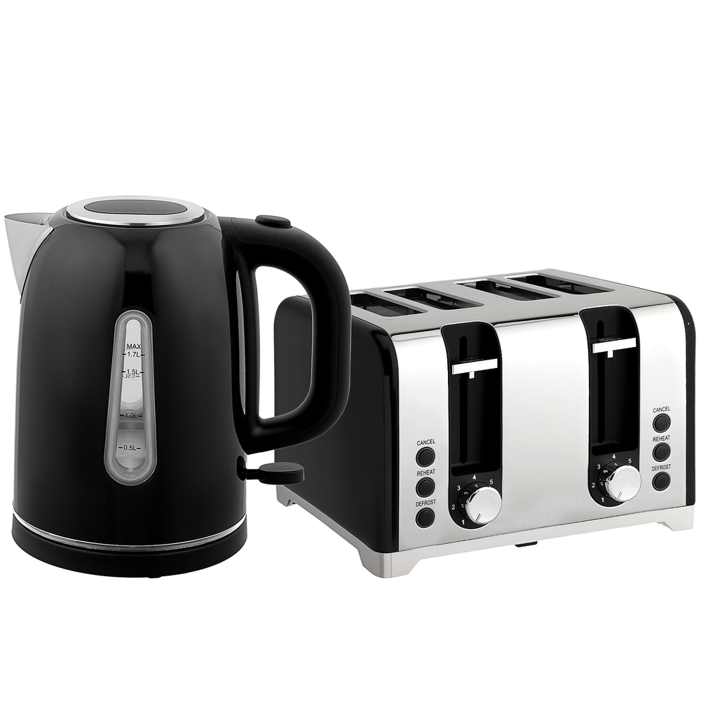 HOMCOM Kettle and Toaster Set, 1.7L 3000W Rapid Boil Jug Kettle with Otter Thermostat, Limescale Filter, 4 Slice Toaster with 7 Browning Controls, Crumb Tray, LED Strip, Black