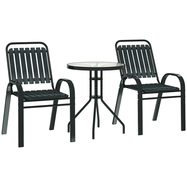 Outsunny 3 Pieces Patio Bistro Set with Stackable Chairs, Tempered Glass Table, for Outdoor, Balcony, Patio, Garden Charcoal Grey