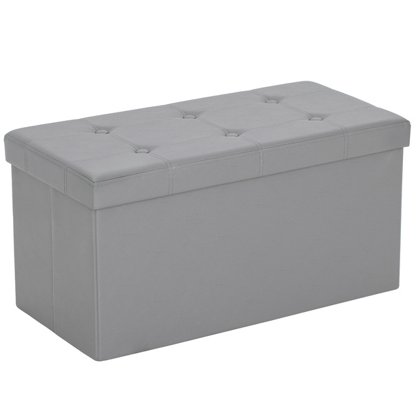 HOMCOM Storage Ottoman Bench, 89L PU Leather Folding Foot Rest Stool, End of Bed Bench, Easy Assembly, for Living Room, Bedroom, Entryway, Grey