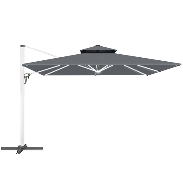 Outsunny 3(m) Garden Cantilever Parasol with Solar LED Lights, Cross Base, 360° Rotation, Crank Handle and Tilt, Grey