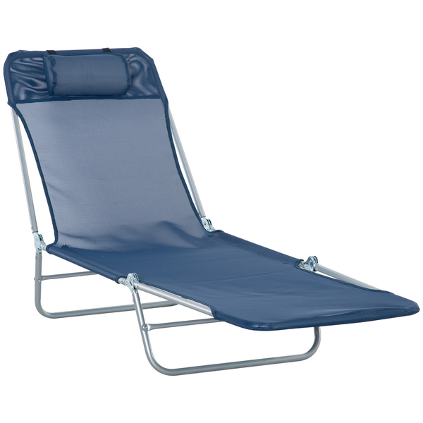 Outsunny Folding Sun Lounger with Head Pillow - Dark Blue