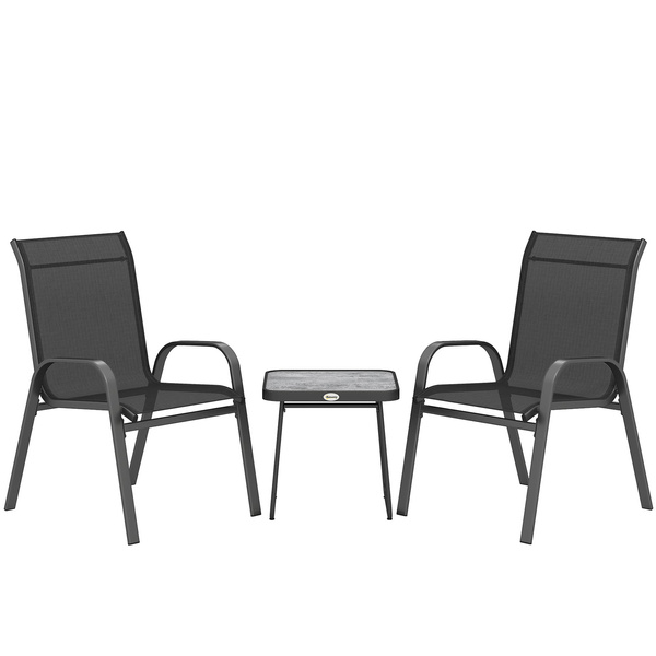 Outsunny 3 Pieces Outdoor Bistro Set, Patio Stackable Armchairs with Breathable Mesh Fabric and SPC Board Coffee Table, Black