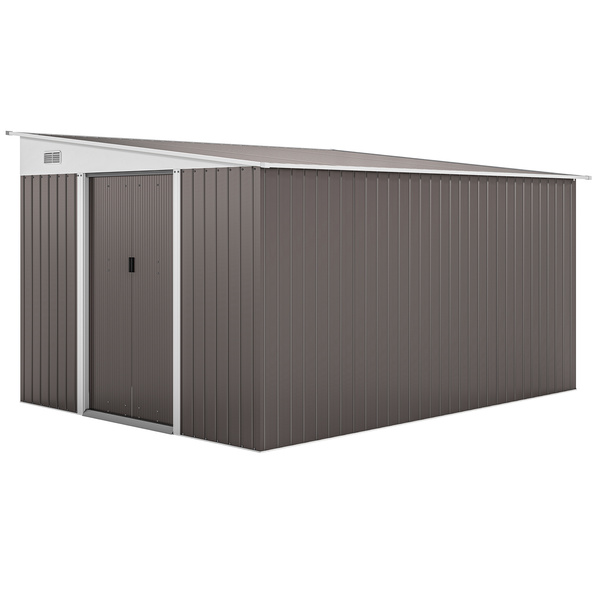 Outsunny 11.3 x 9.2ft Lean to Metal Garden Shed, Outdoor Galvanised Tool Storage House with Double Sliding Doors and 2 Air Vents, Grey