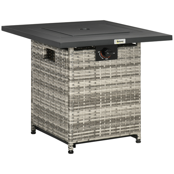 Outsunny Outdoor PE Rattan Gas Fire Pit Table, Patio Square Propane Heater with Rain Cover, Mesh Lid and Lava Stone, 40,000 BTU, Mixed Grey