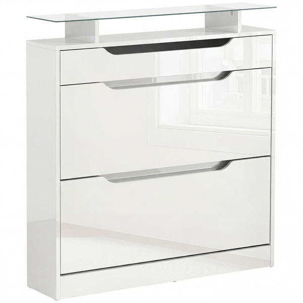 HOMCOM Shoe Storage Cabinet with Slide Out Drawer, 2 Flip Doors, Tempered Glass Top - White